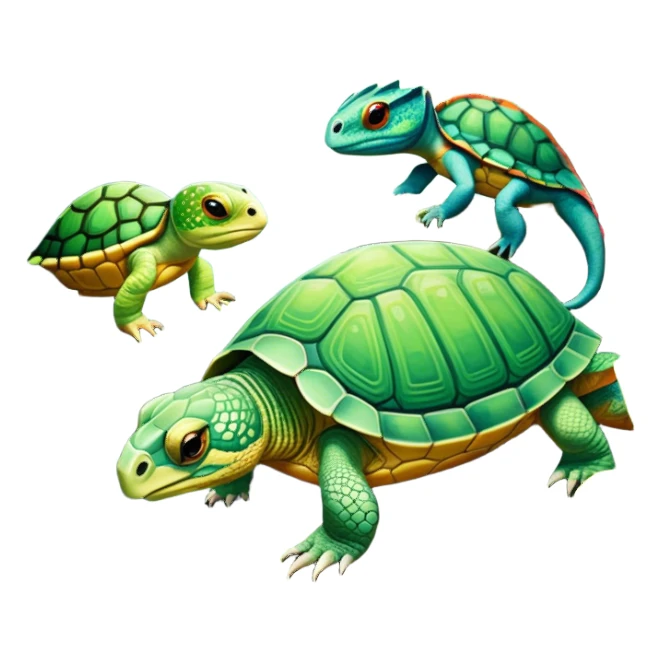 Close-up collage of a turtle, snake, and chameleon in a natural environment, with vibrant greenery and soft sunlight filtering through. Each reptile is shown in intricate detail, highlighting their unique textures and colors, set against a lush, serene background. sticker