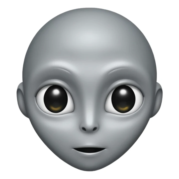 Grey alien head, almond-shaped eyes fully black with no white, slanted, pale grey skin, cartoon emoji, no background
 sticker