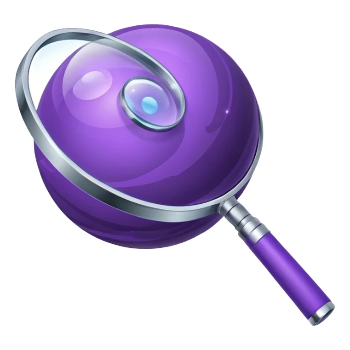 Minimal purple icon: a planet with connecting lines and a magnifying glass. Glossy, transparent background. sticker