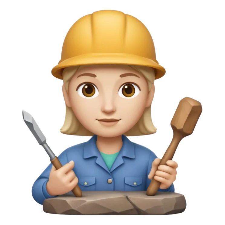 Apple Memoji-style 3D emoji of a sculptor with a small statue and chisel, smooth gradients, rounded edges, no background.during sculpting rock sticker