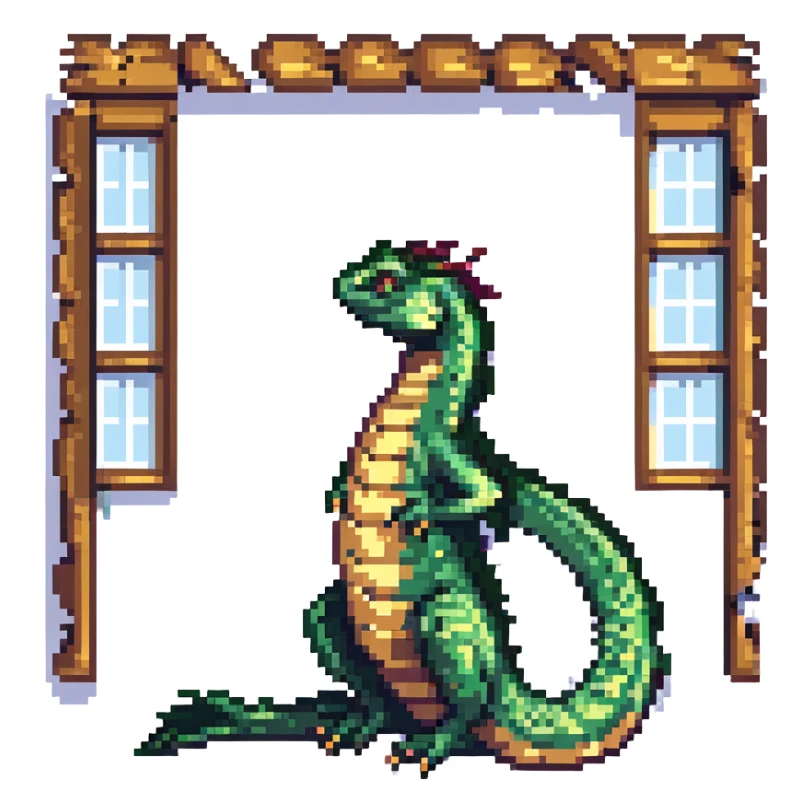 A legendary ancient basilisk reptile coiled around the Windows 11 blue four-square icon, pixel art style, no background. sticker