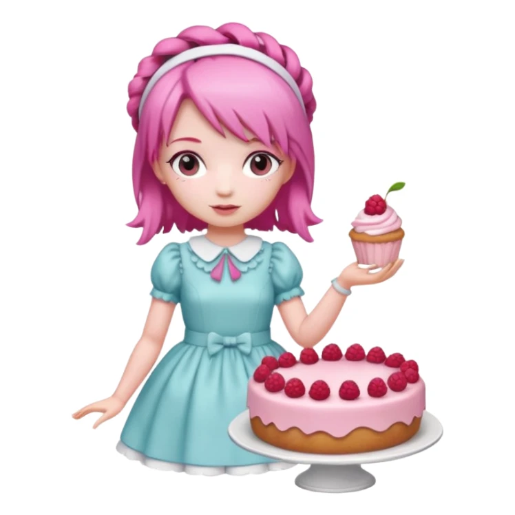 Isolated detaile illustration modern raspberry torte doll figurine full body with pink hair and a pink berry hairband standing sticker