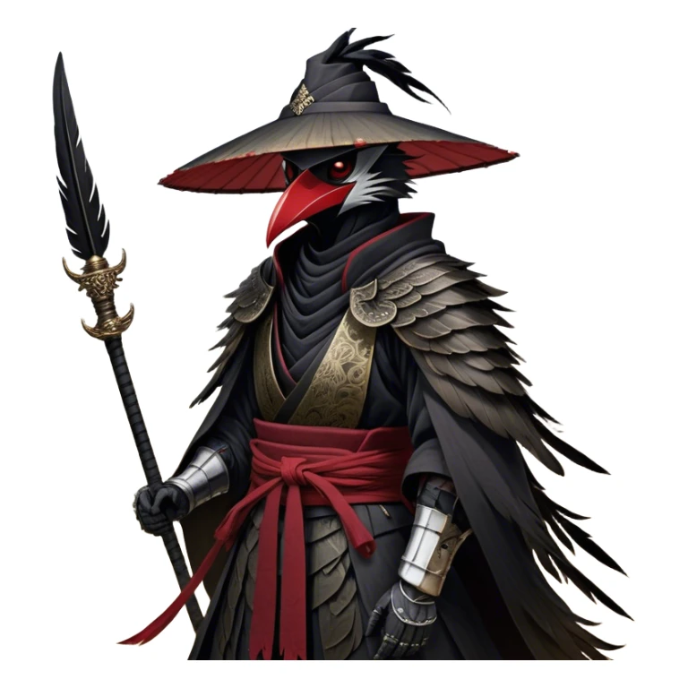 A fierce Kenku samurai with sleek black feathers, piercing crimson eyes glowing under the shadow of his straw hat. His sharp beak is partially covered by a black cloth mask, adding to his air of mystery. He wears layered black and crimson armor, intricate silver engravings etched into the metal plates. A long, tattered cloak billows behind him, worn from countless battles. His clawed hands grip the hilt of a curved katana, its polished blade reflecting the moonlight. Wisps of mist swirl around his taloned feet as he stands motionless sticker