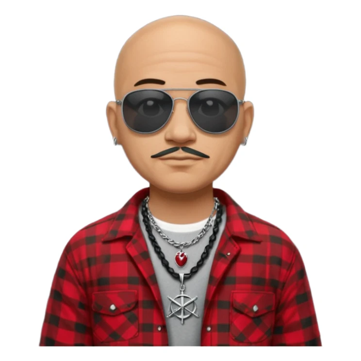 bald mexican cholo with black og sunglasses a silver necklace witth h engraved on emblem and flannel shirt sticker