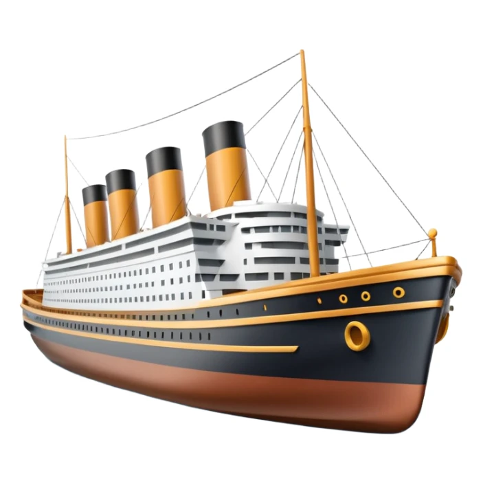 A 3D emoji of a Titanic ship in Apple style, glossy and smooth surface, bright clean colors with subtle shading, simple and minimal details, no face or expressions, floating on calm ocean, soft shadows, high-quality render, isolated on white background.


 sticker