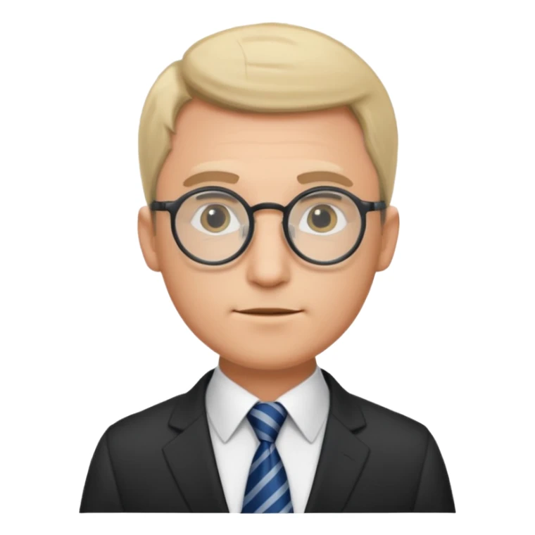 Man in suit with round glasses and  sticker