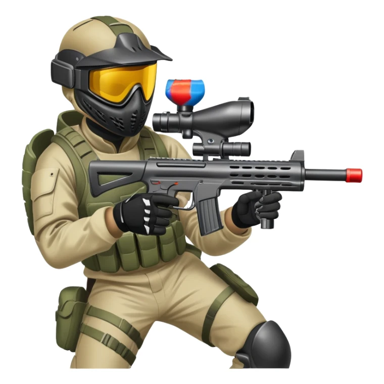 A paintball player in full gear, aiming a paintball gun with focus and determination. The scene includes vibrant splashes of paint and a dynamic battlefield setting, emphasizing action, strategy, and teamwork in a competitive environment sticker