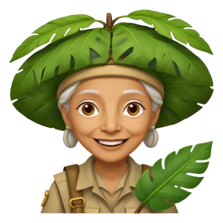 a old woman explorer with jungle wearing a large leaf headgear bye  sticker