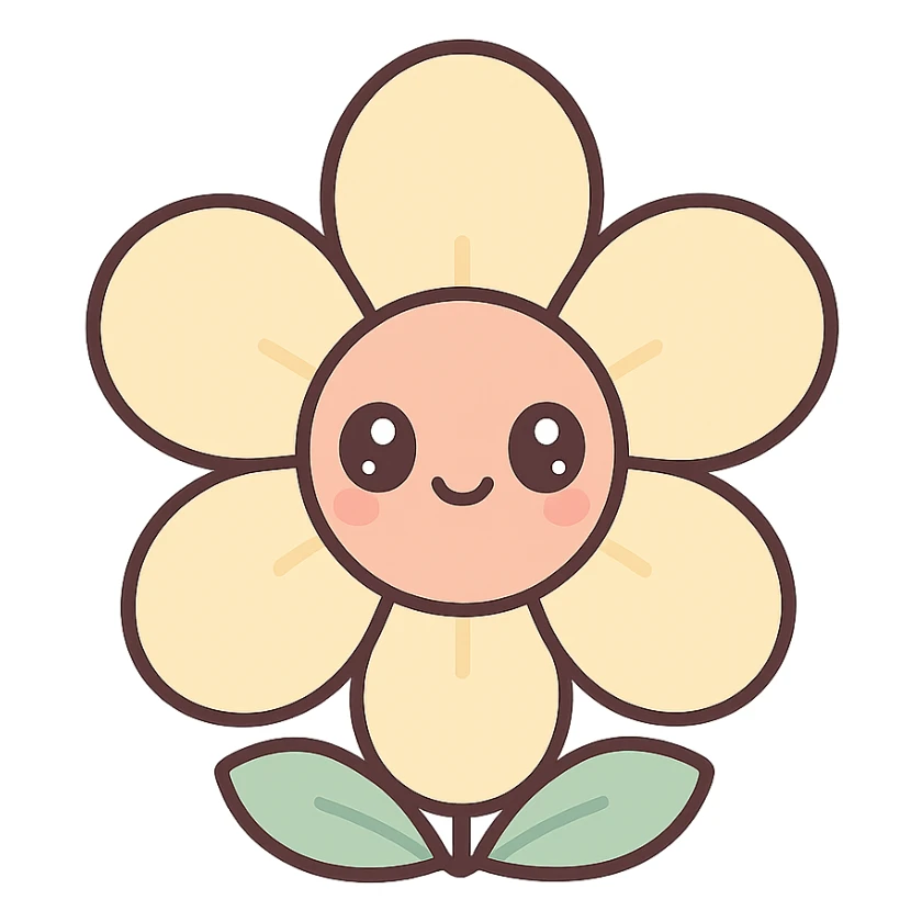 smiling vanilla flower with big doe eyes, cute style, white background sticker