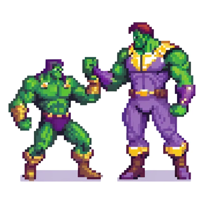 Hulk vs Thanos battle scene, green muscular superhero fighting purple villain with Infinity Gauntlet, action poses sticker