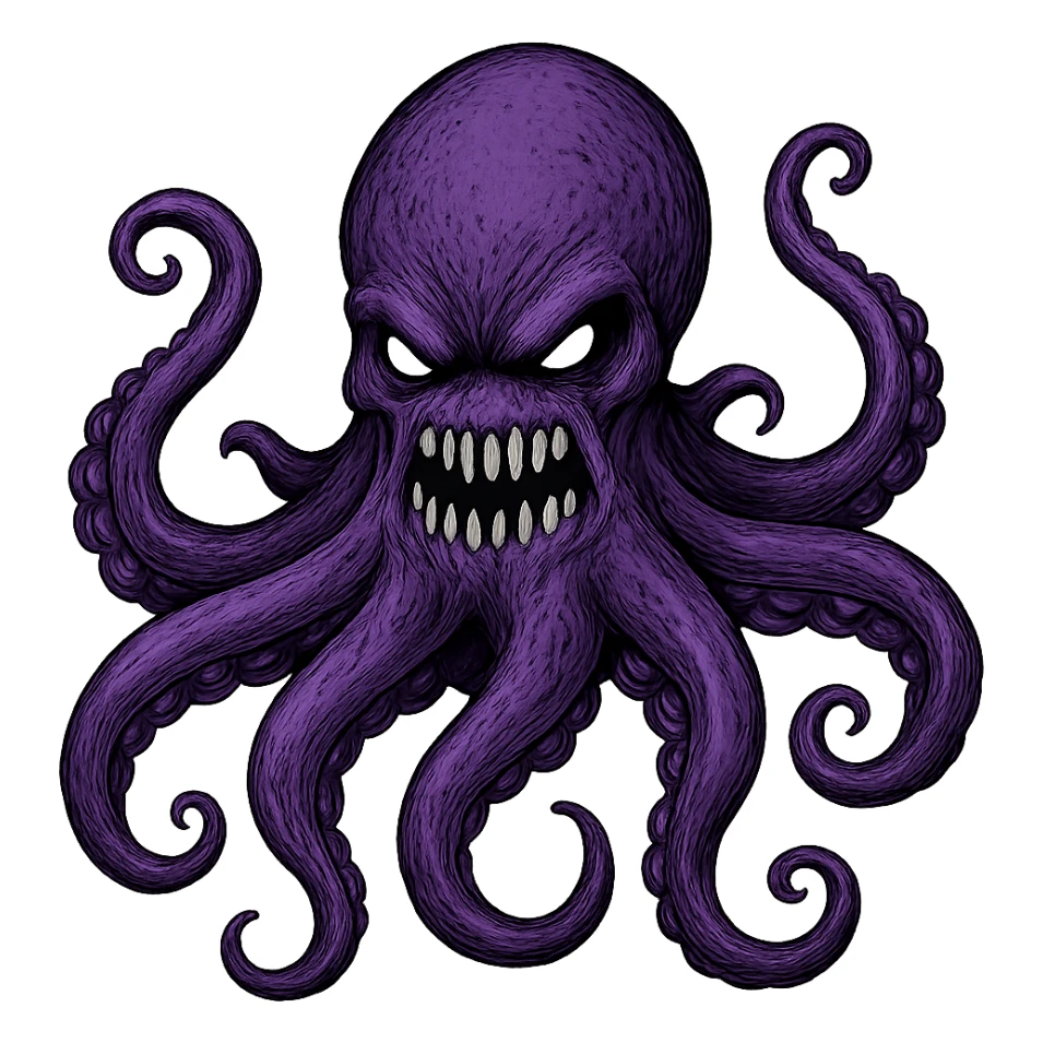 Remove the nose, make the octopus look scary, keep the purple color, with no background. Maintain the original style and details of the octopus while making it look scary and purple. sticker