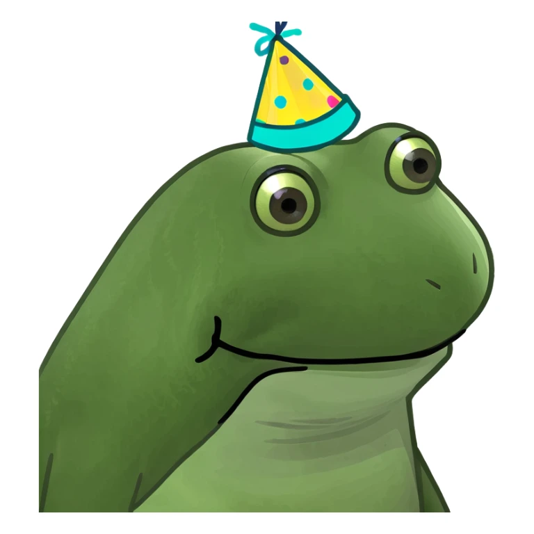 multiple green bufo frogs celebrating a birthday party on a beach, all are geologists and nerdy, with Magic the Gathering and escape room references, birthday frog has long hair in a man bun sticker