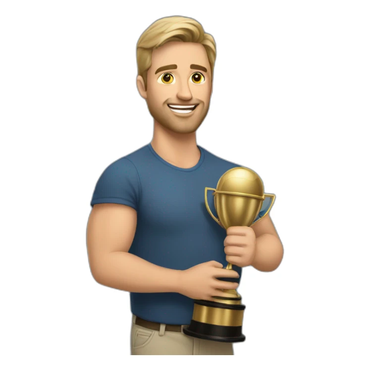 Caucasian Dad holding father of the year trophy sticker