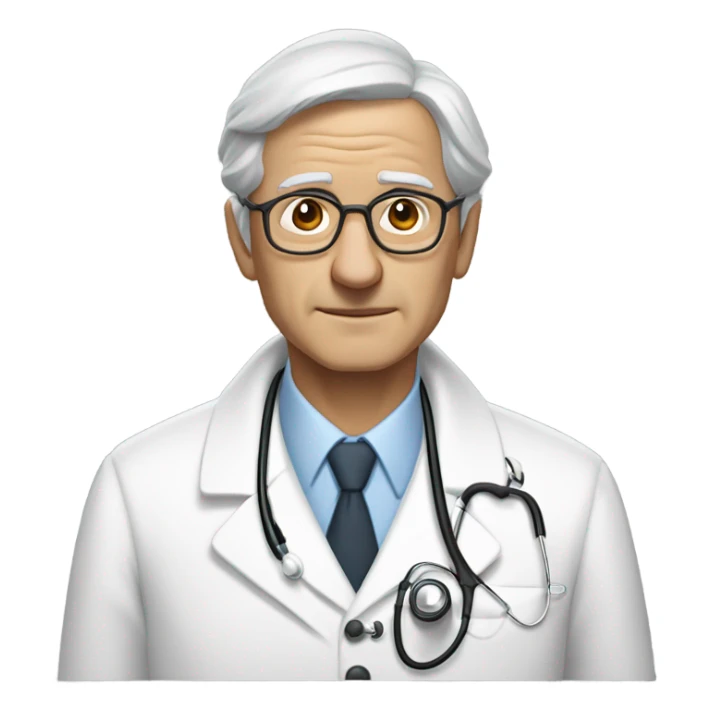 "An older man with thin, neatly combed gray hair, a sharp nose, and a cold, analytical look. He wears a pristine white coat, thin glasses, and carries a stethoscope or medical bag." sticker