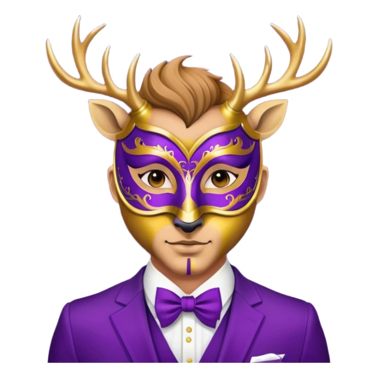 a man, with a purple suit,  wear half-face golden Deer masquerade mask sticker