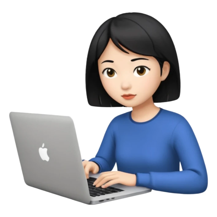 Asian girl with black short hair working on a Mac laptop sticker