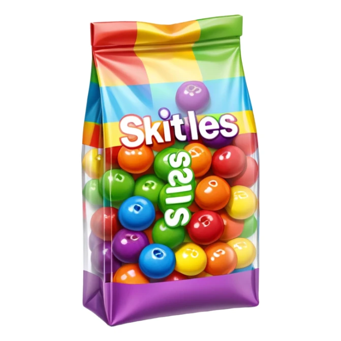 A Skittles candy package completely wrapped in clear packing tape, shiny reflective surface, rainbow colored bag under tape sticker