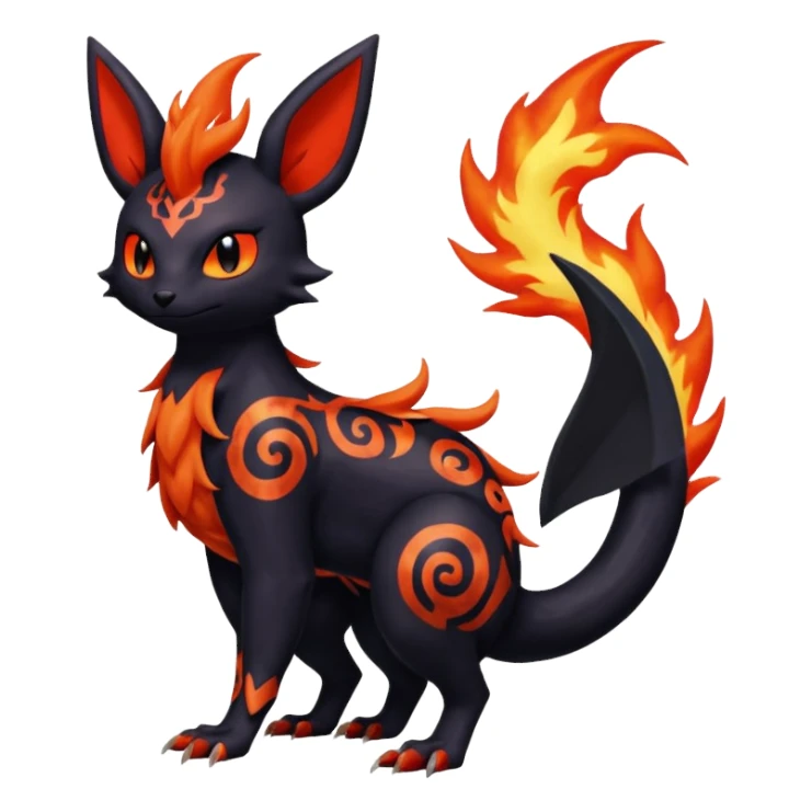 Shiny Fiery Dark Ugly Evil Realistic Glowing Eldritch Horror Cool Edgy Badass Emo Glorious Demonic Batty Dusky Ethereal Sparkly Shimmering Magical Punky Aural Iridescent Fluorescent Bioluminescent Litten-Amaura-Salandit-Noibat-Flareon-Fakémon-fusion (full body) with intricate pattern markings sticker