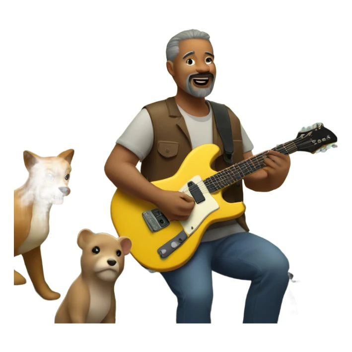 50 year old tan man with a goatee playing electric guitar in a forest with animals watching sticker