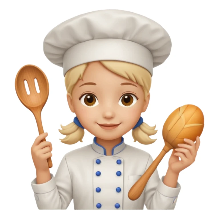 girl kid italian chef, uniform, holding toy sticker