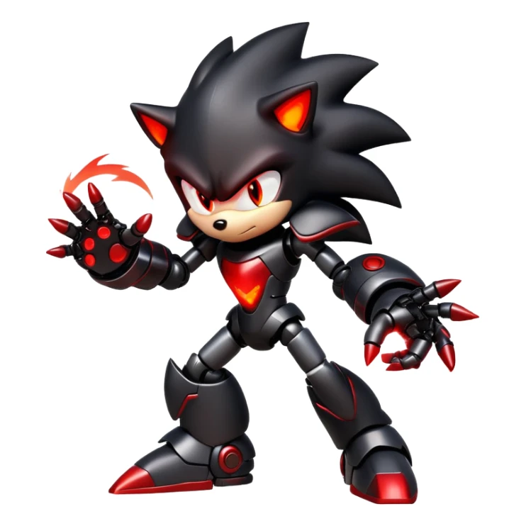 Robotic Shadow the Hedgehog with black metallic body, red glowing eyes, red energy streaks, and battle stance sticker