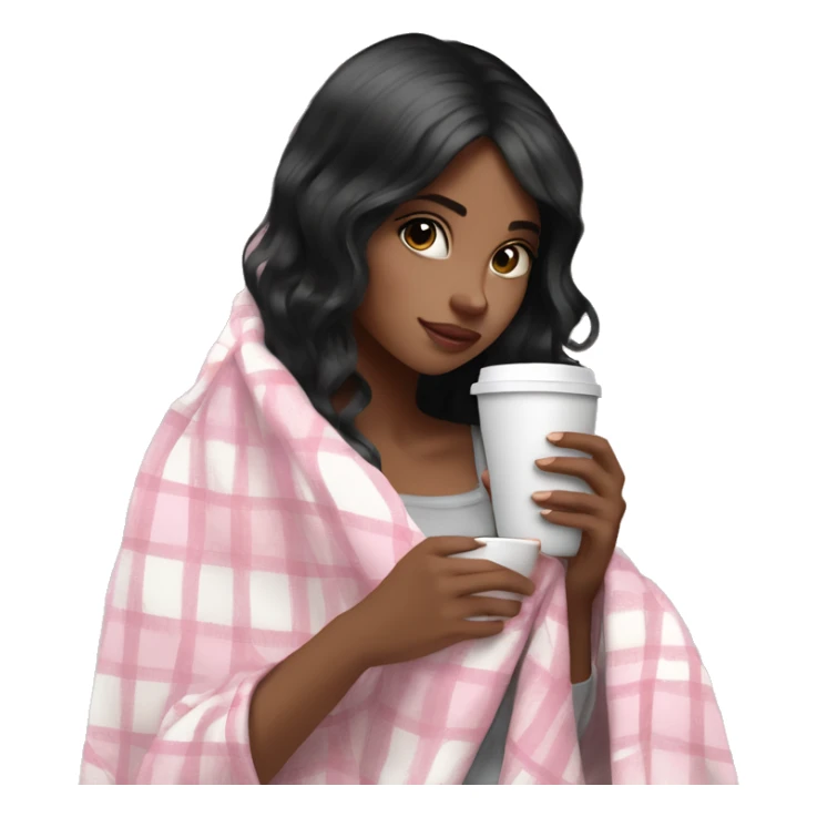 Pretty black hair girl wrapped in pastel pink plaid blanket drinking coffee sticker