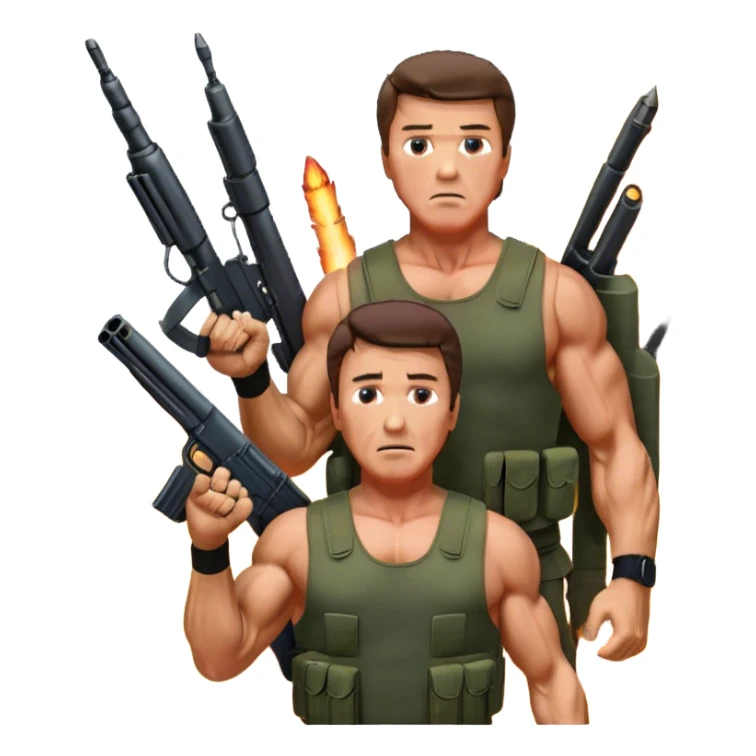 Icon for Action Movies: Close-up collage featuring Schwarzenegger in 'Commando' and  Stallone in 'Rambo', in bold poses. Background includes explosions, rockets flying, and machine guns. The style is reminiscent of a cinematic movie poster with intense, dramatic colors. Transparent background. sticker