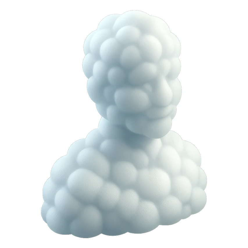 person looking straight, fully made of white fluffy convex clouds, shoulder up, no shadows, matte glass style sticker
