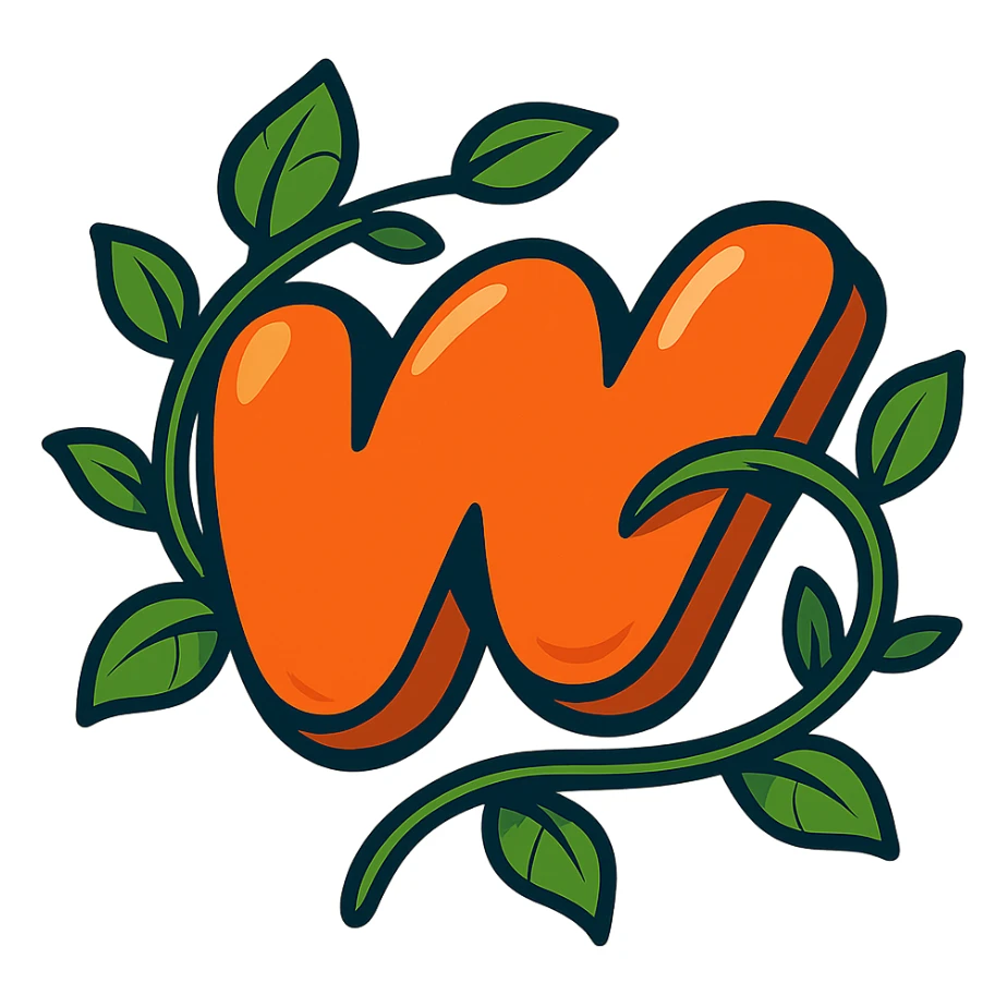plump juicy Wattpad logo 'w' with bold outline, stylized shadows and highlights, decorated with a leafy vine wrapping around the logo, no background sticker