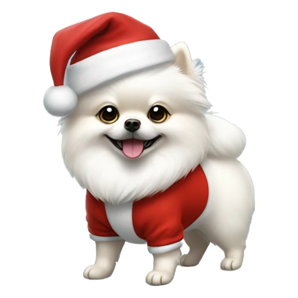 a white little Pomeranian with Santa clothes and a Santa hat sticker