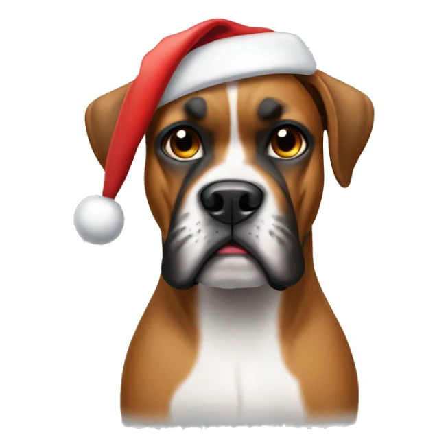 Make a dog that is the breed boxer wearing a Santa hat sticker
