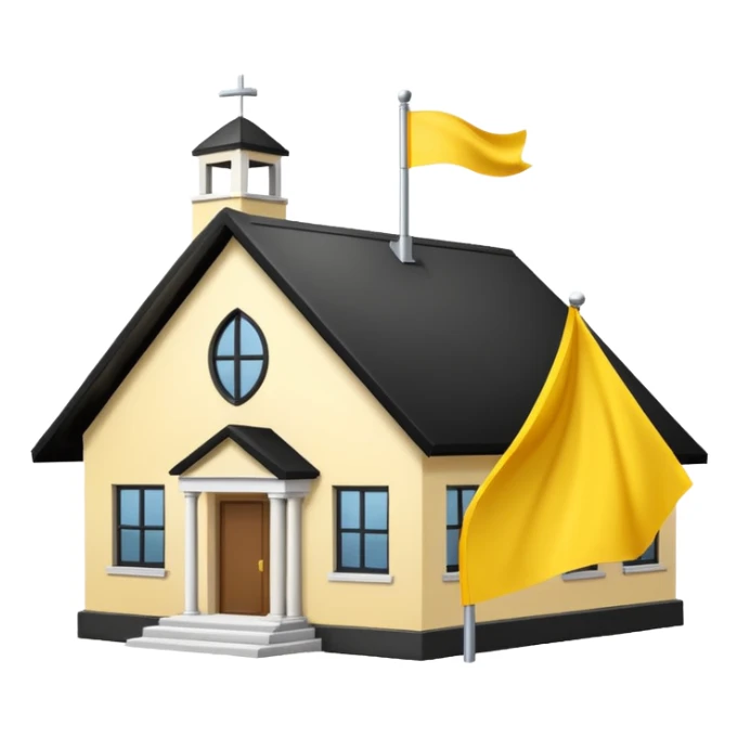 simple school, white background, magic school, black roof, with a big flag, big flag on a roof, big yellow flag, white school sticker