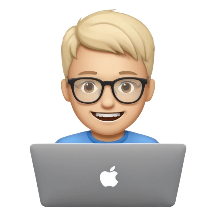 geeky software engineer with glasses and protruding teeth, typing on a laptop, simple, clear emoji style sticker