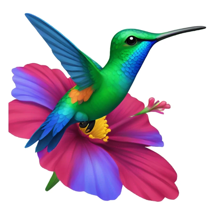 Bright colorful hummingbird in blues and green hovering over a red flower sticker