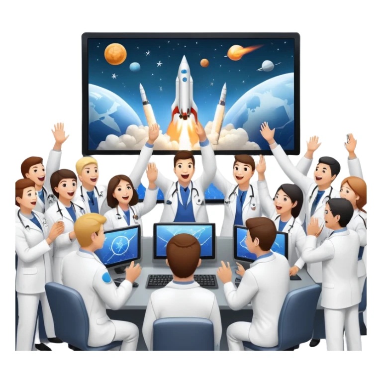 cheering mission control room with big screen showing successful rocket launch sticker