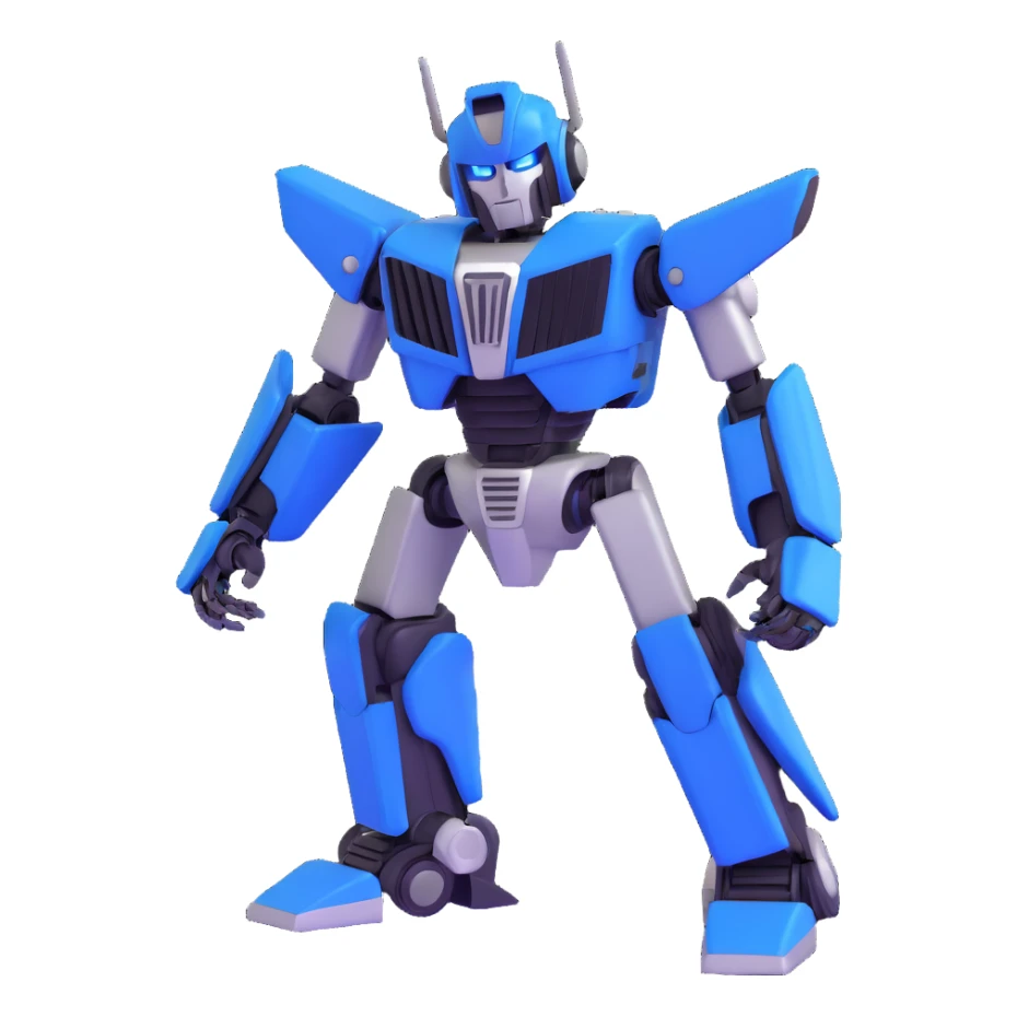 simple transformer robot in royal blue, black, and silver details, with an animated expression sticker