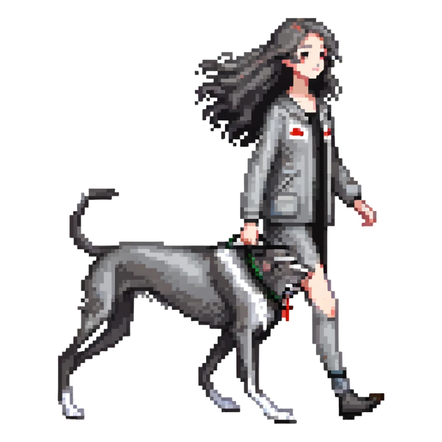 Japanese girl with flowing hair walking a solid grey greyhound with no white markings sticker