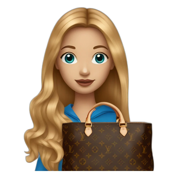 1 girl with light-brown long hair, blue eyes holding louis vuitton bag sticker