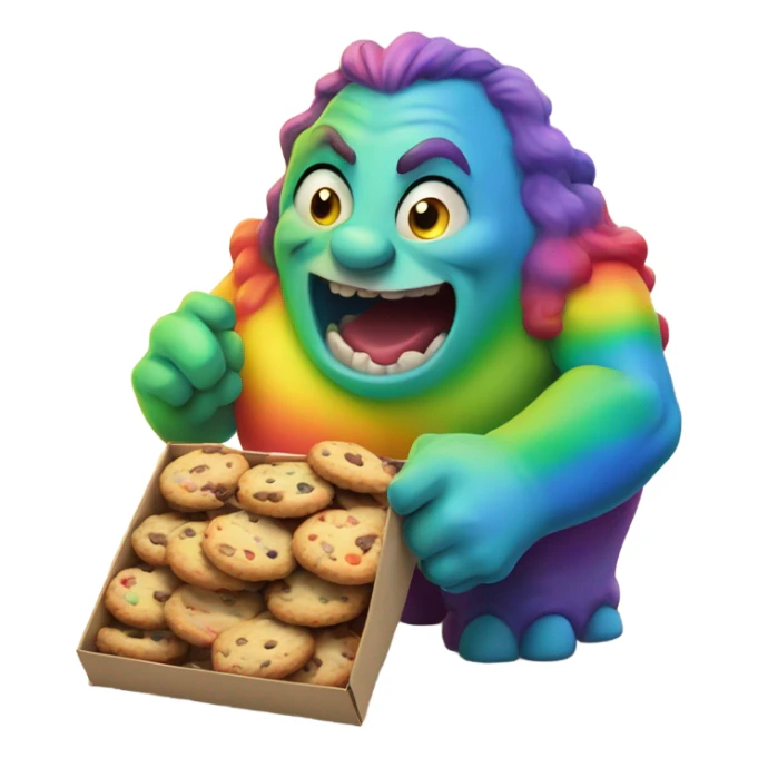 Giant rainbow ogre with sharp teeth eating a box of cookies with crumbs going everywhere sticker