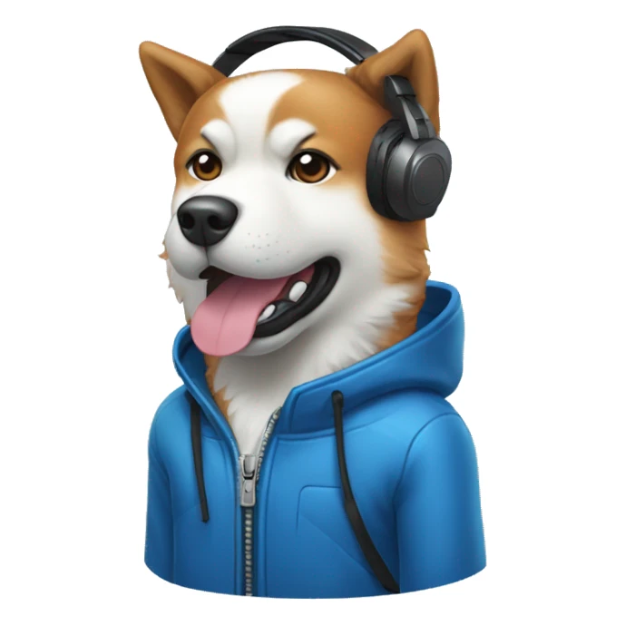 red dog akita inu  in blue jacket, with microphone and gaming headsets sticker