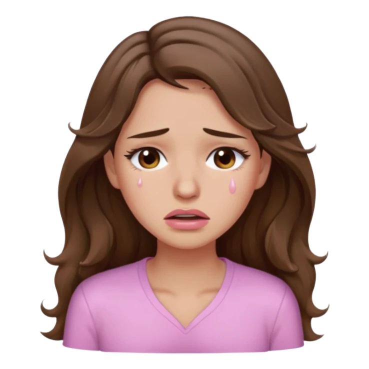 girl with wavy long brown hair, brown eyes, light to medium complexion, long lashes, light pink lipstick, wearing light pink shirt, crying big tears sticker