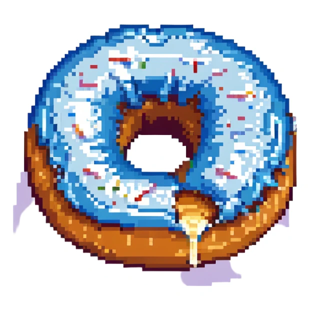 a donut with white creme leaking out, tired face, pixel art style sticker