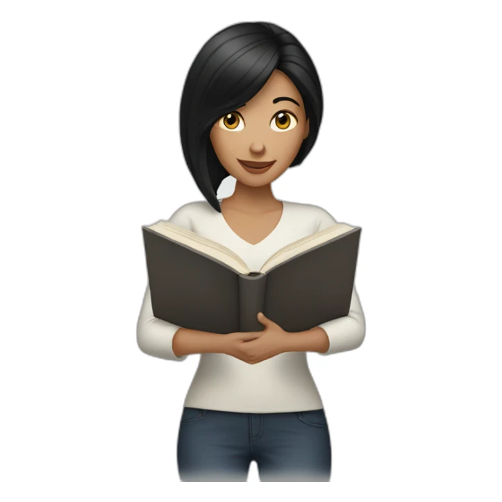 White woman with black hair reading sticker