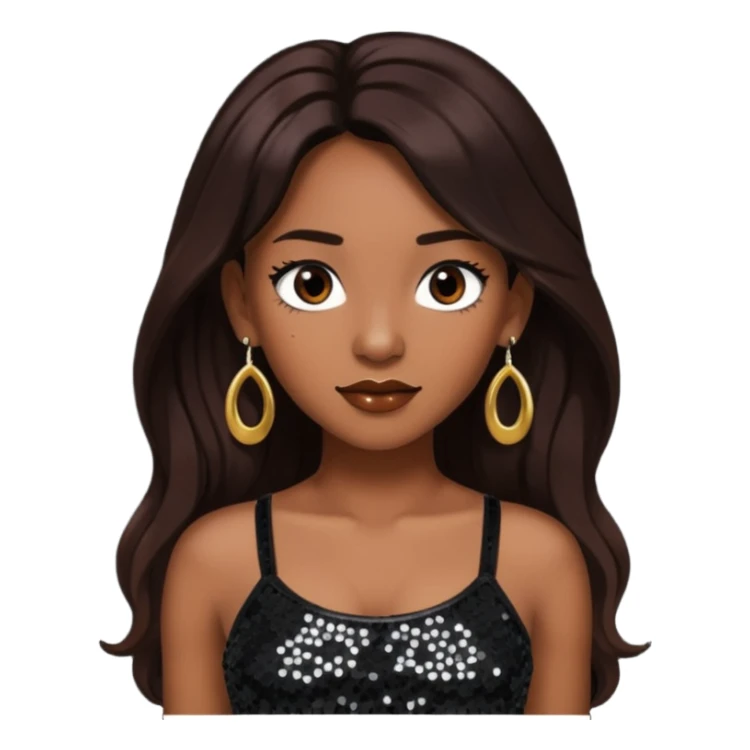 Chilli from TLC with long dark brown hair, black sequin crop top, black earring sticker