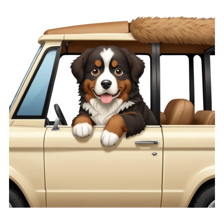 Bernese mountain dog in a cream colored ford bronco with no roof sticker