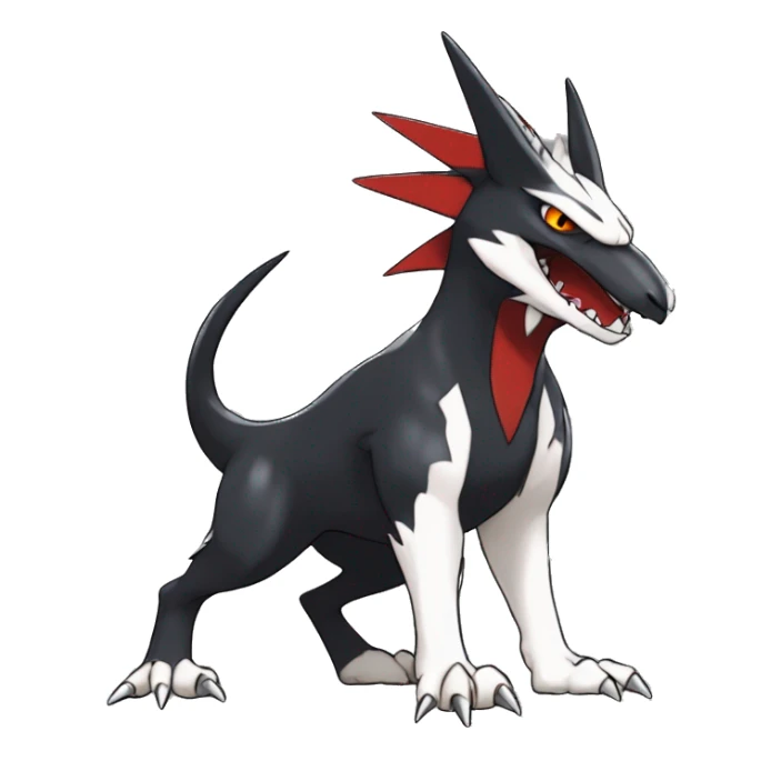 Black Cool Edgy Nargacuga-Houndoom-Garchomp Fakémon Digimon with Red and white Edgy markings, full body, outlined sticker