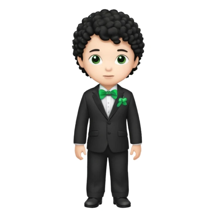 baby boy curly black hair in suit, with green bow sticker