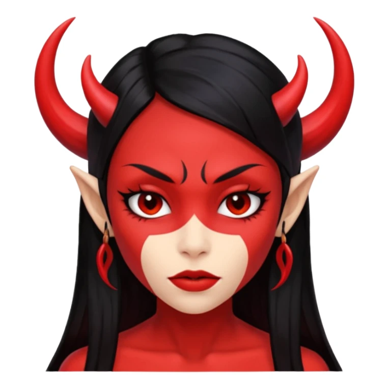 Head only demon girl; face with pronounced cheekbones and angular jaw; skin is uniform pure red (#FF0000) everywhere; long straight smooth black hair; small horns sticker