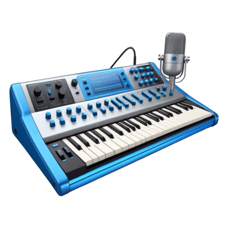 Create a professional and detailed emoji that represents sound design. The design should feature a high-end studio synthesizer (like the Korg), a sound mixing console with visible wires, large studio speakers, and a microphone to symbolize the essential equipment in sound design. Add musical note waves flowing around the equipment to emphasize the connection between sound creation and musical composition. Use sleek, modern colors like black, silver, and neon blue to represent the professional and futuristic nature of sound design. The background should be transparent. sticker