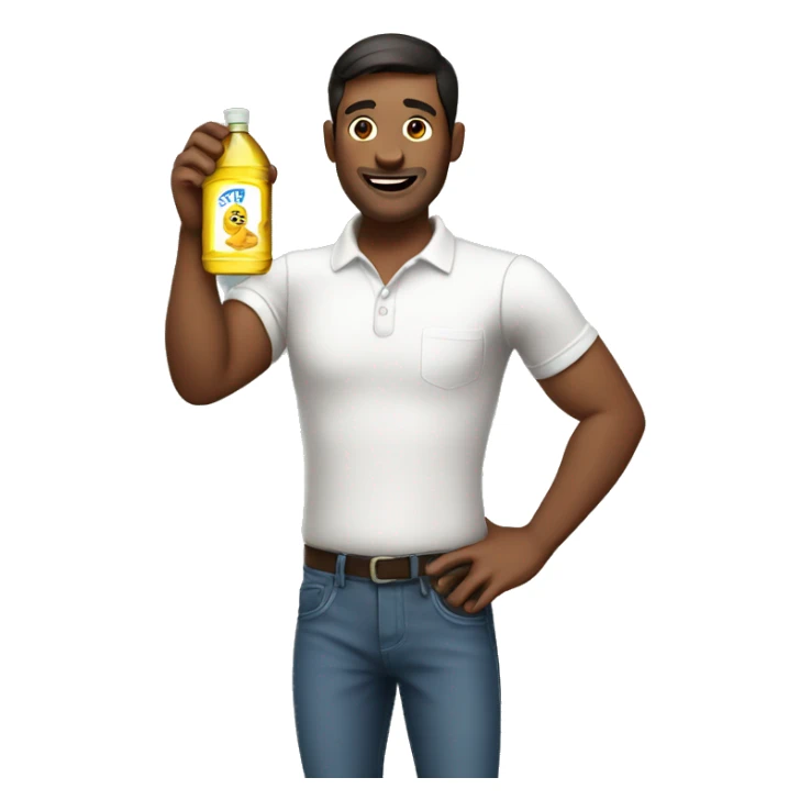Male holding clear bottle of cooking oil  sticker